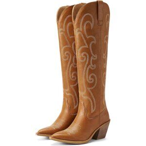 Women's Chunky Knee High Heel Western Brown Zipper Leather Embroidered Boot
